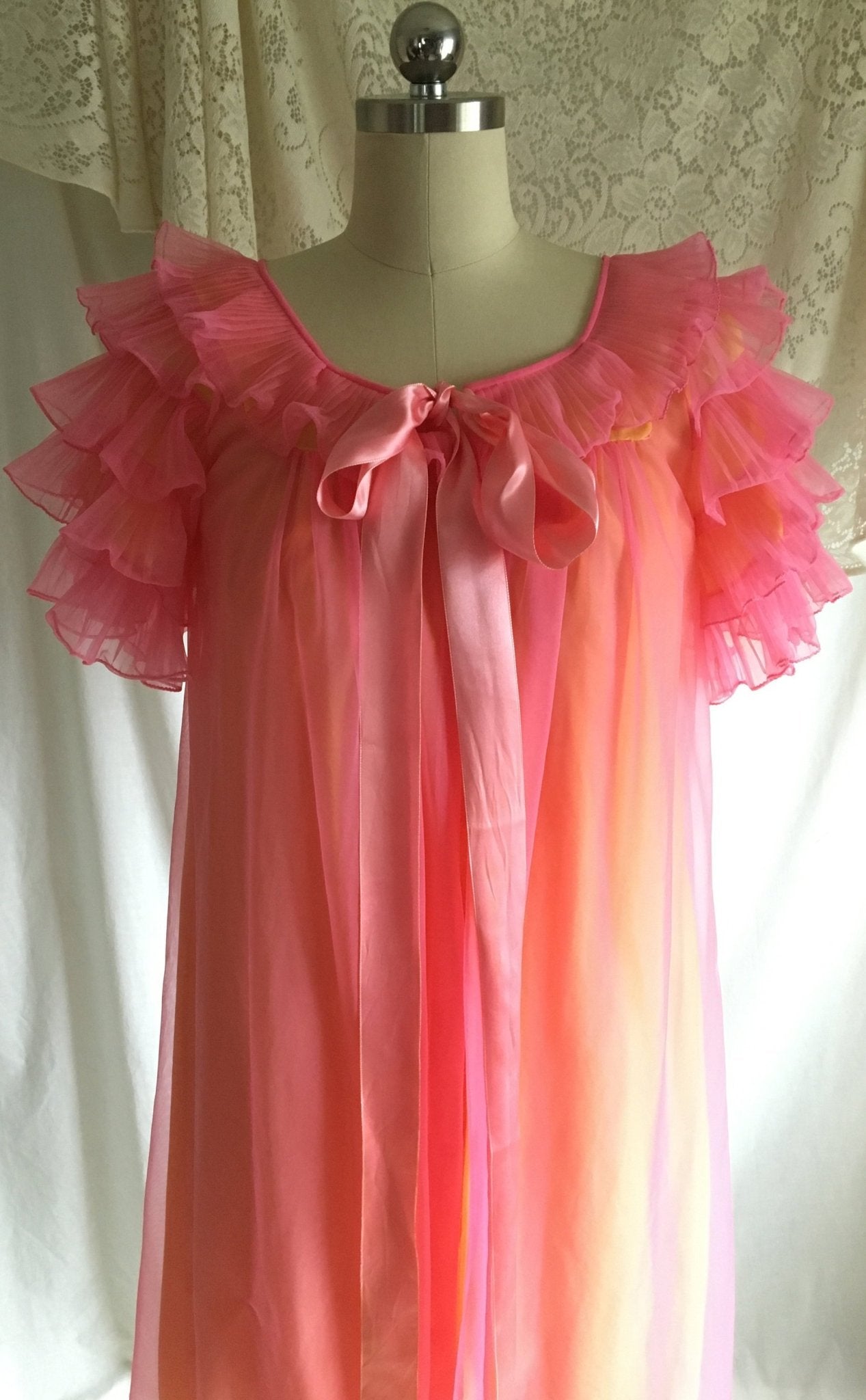 Vintage 1960's Peignoir Set | Pink Ruffled Chiffon over Yellow Nylon | Chevette | Size S, M - Daggers & Dames