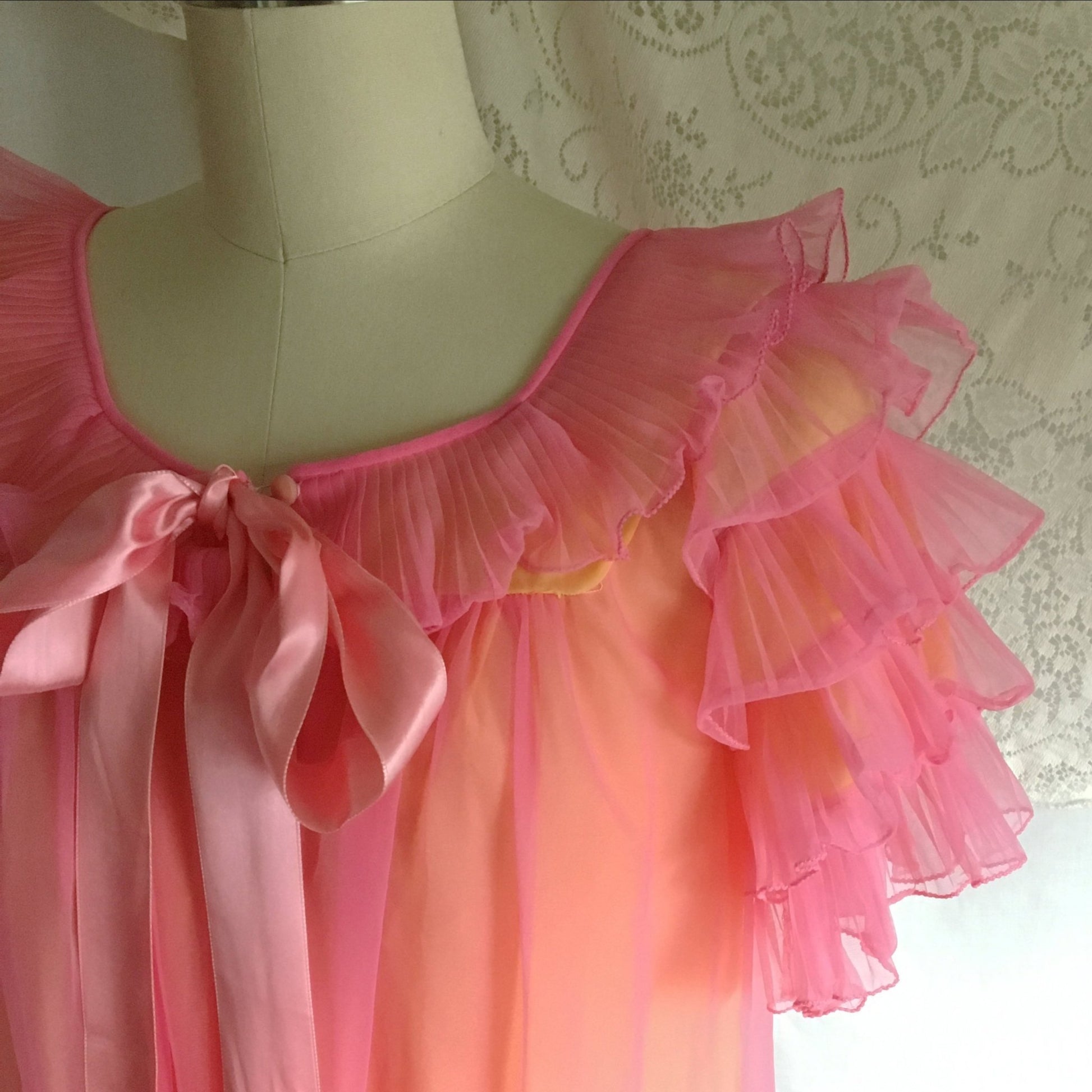 Vintage 1960's Peignoir Set | Pink Ruffled Chiffon over Yellow Nylon | Chevette | Size S, M - Daggers & Dames
