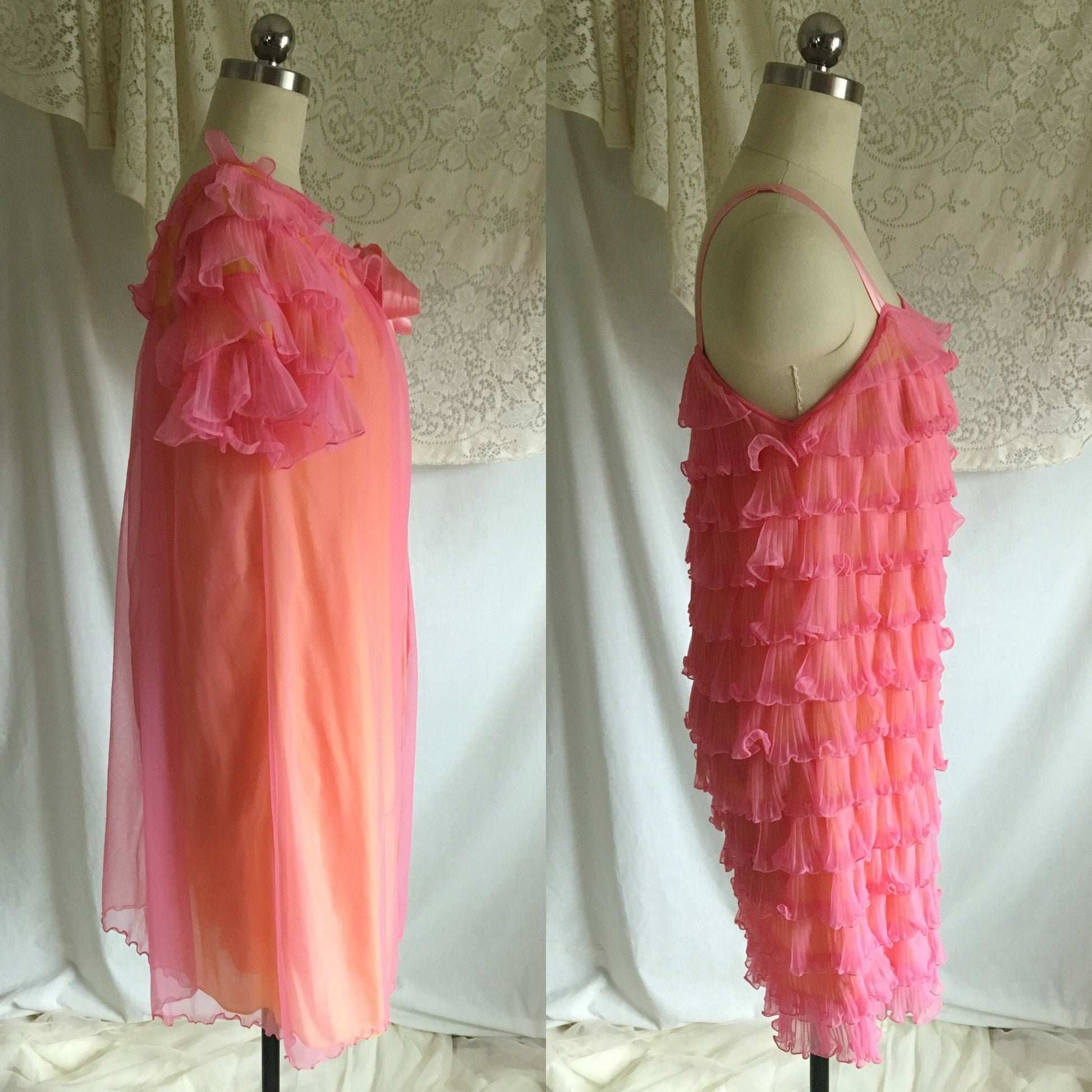 Vintage 1960's Peignoir Set | Pink Ruffled Chiffon over Yellow Nylon | Chevette | Size S, M - Daggers & Dames