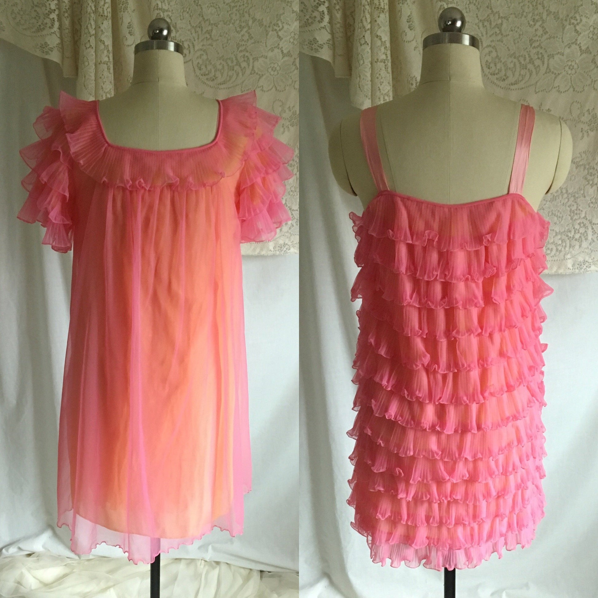 Vintage 1960's Peignoir Set | Pink Ruffled Chiffon over Yellow Nylon | Chevette | Size S, M - Daggers & Dames