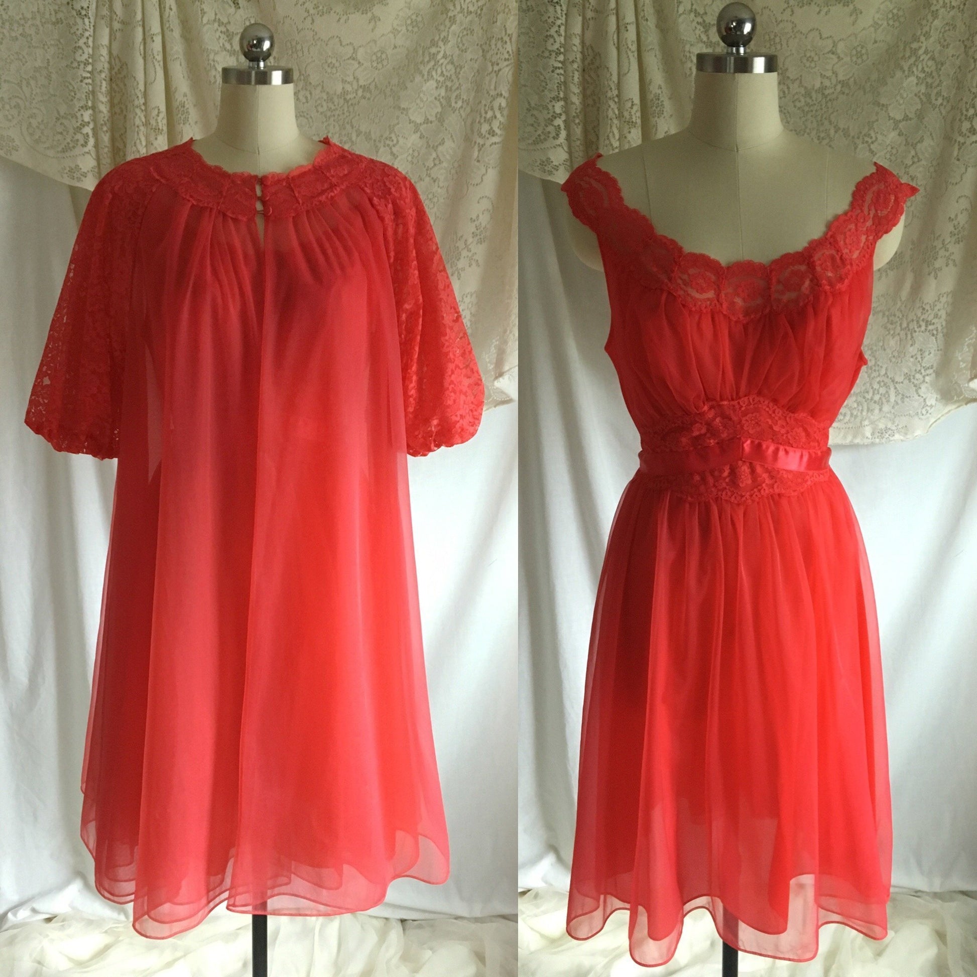 Vintage 1960's Peignoir Set | Red Nylon Chiffon with Lace & Satin Ribbon | Vanity Fair | Size M, LG - Daggers & Dames