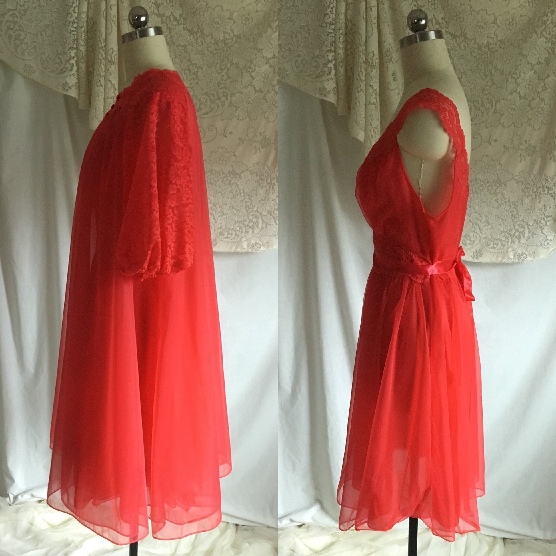 Vintage 1960's Peignoir Set | Red Nylon Chiffon with Lace & Satin Ribbon | Vanity Fair | Size M, LG - Daggers & Dames