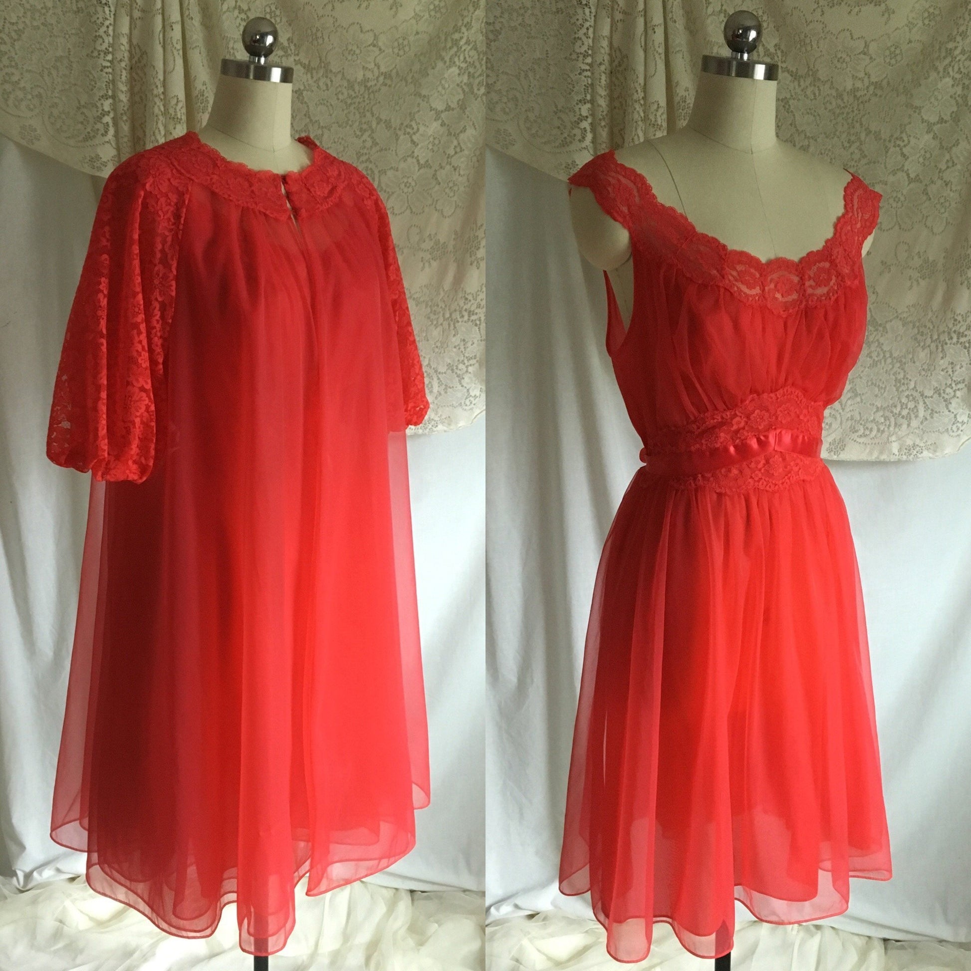 Vintage 1960's Peignoir Set | Red Nylon Chiffon with Lace & Satin Ribbon | Vanity Fair | Size M, LG - Daggers & Dames