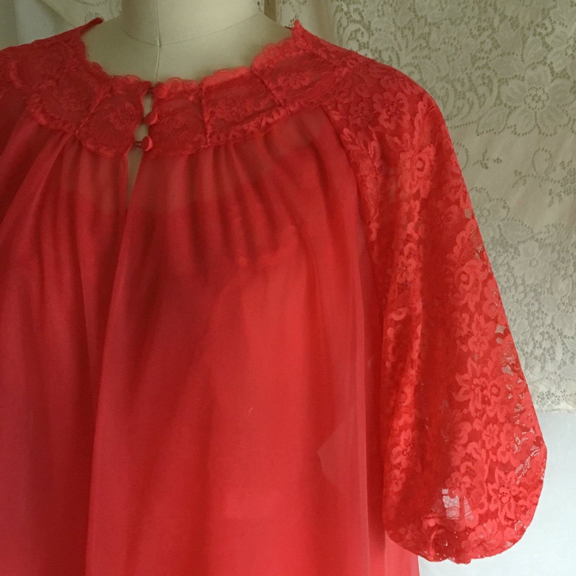 Vintage 1960's Peignoir Set | Red Nylon Chiffon with Lace & Satin Ribbon | Vanity Fair | Size M, LG - Daggers & Dames