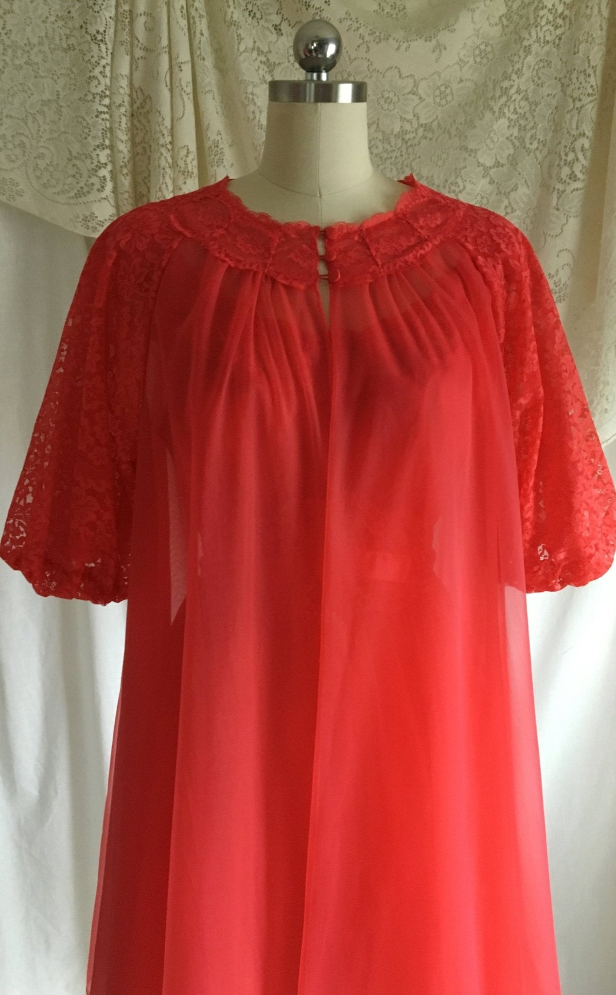 Vintage 1960's Peignoir Set | Red Nylon Chiffon with Lace & Satin Ribbon | Vanity Fair | Size M, LG - Daggers & Dames