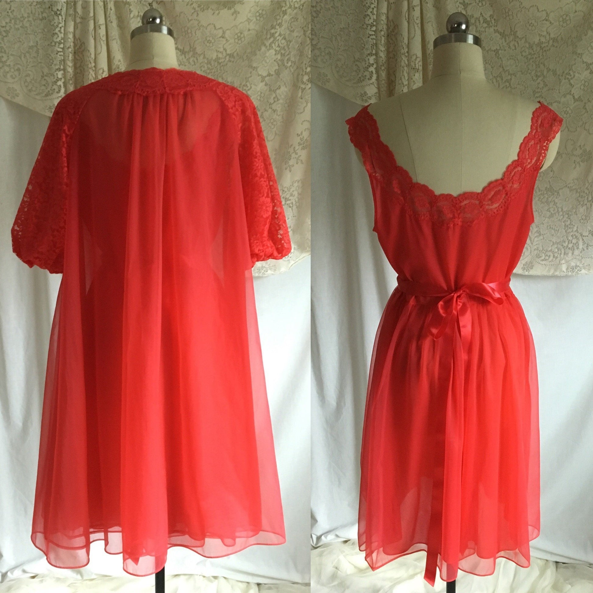 Vintage 1960's Peignoir Set | Red Nylon Chiffon with Lace & Satin Ribbon | Vanity Fair | Size M, LG - Daggers & Dames