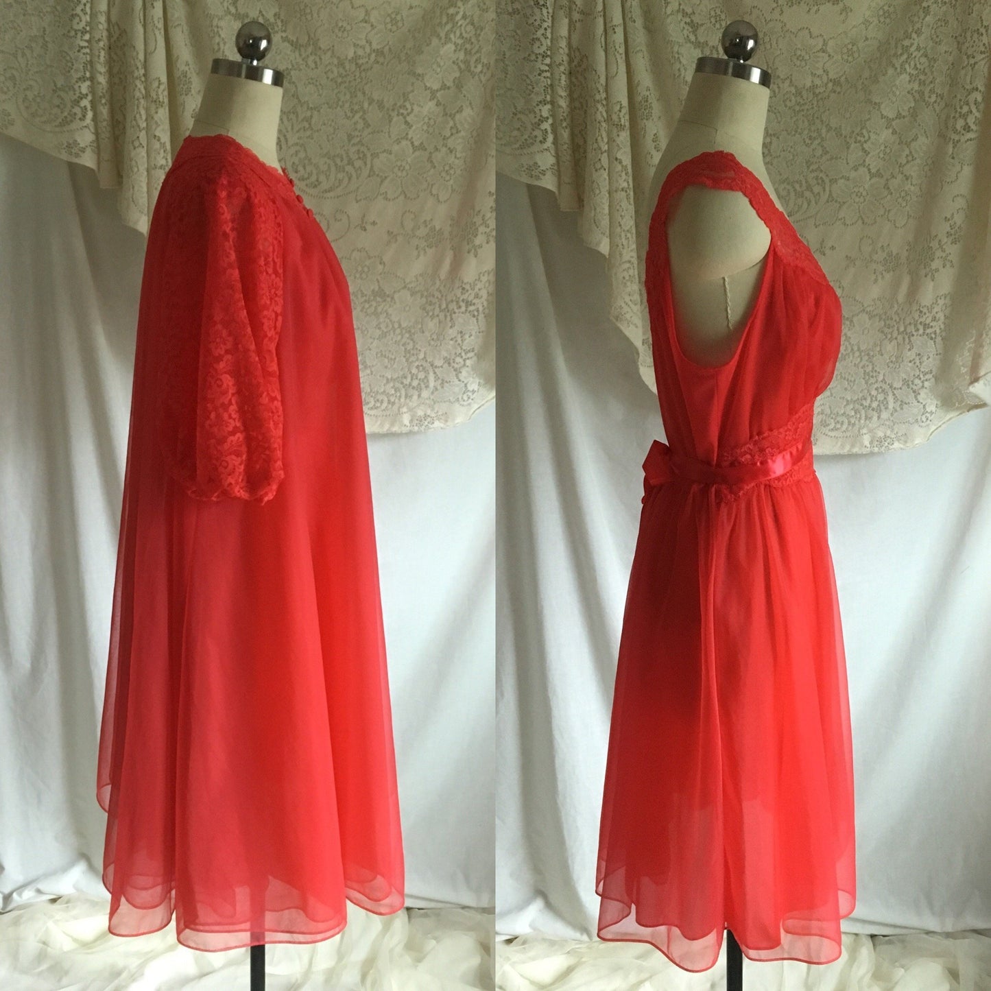 Vintage 1960's Peignoir Set | Red Nylon Chiffon with Lace & Satin Ribbon | Vanity Fair | Size M, LG - Daggers & Dames