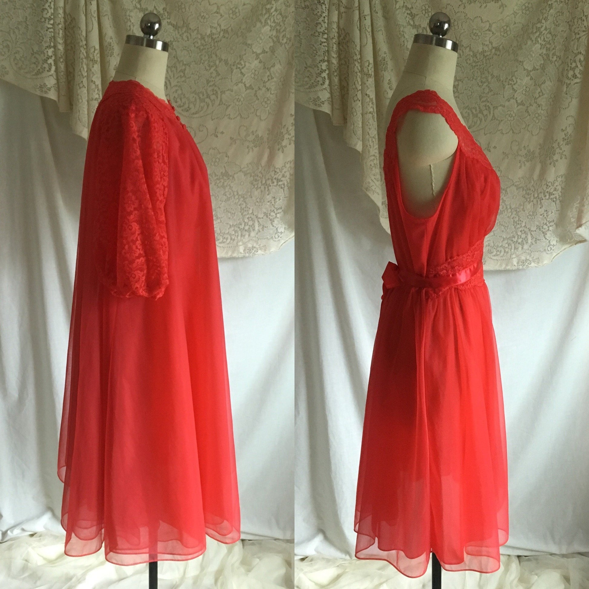 Vintage 1960's Peignoir Set | Red Nylon Chiffon with Lace & Satin Ribbon | Vanity Fair | Size M, LG - Daggers & Dames