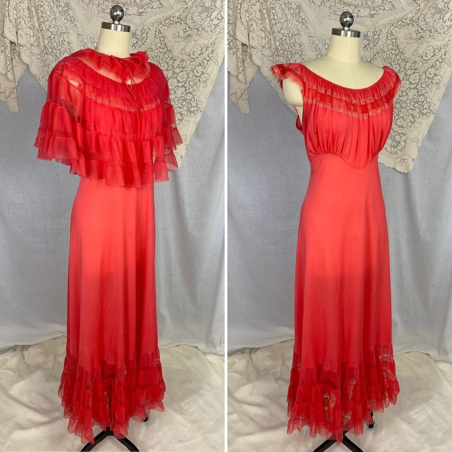 Vintage 1960's Peignoir Set | Scarlet Red Nylon with Tulle Ruffles | Size M, LG | Evette - Daggers & Dames