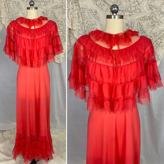 Vintage 1960's Peignoir Set | Scarlet Red Nylon with Tulle Ruffles | Size M, LG | Evette - Daggers & Dames