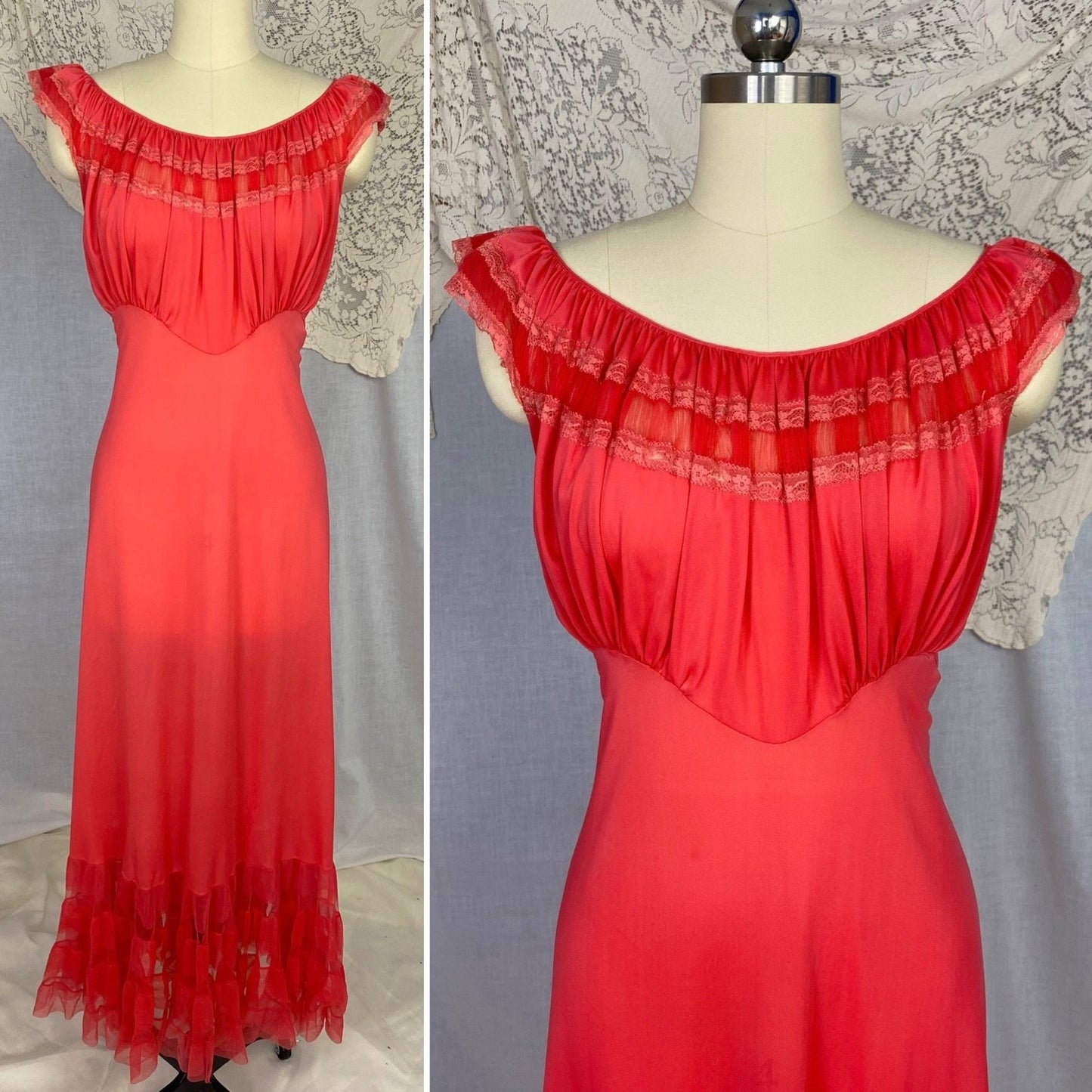 Vintage 1960's Peignoir Set | Scarlet Red Nylon with Tulle Ruffles | Size M, LG | Evette - Daggers & Dames