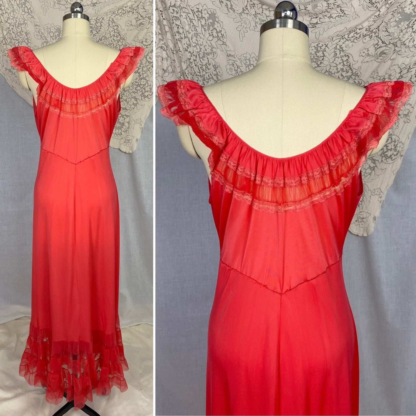 Vintage 1960's Peignoir Set | Scarlet Red Nylon with Tulle Ruffles | Size M, LG | Evette - Daggers & Dames