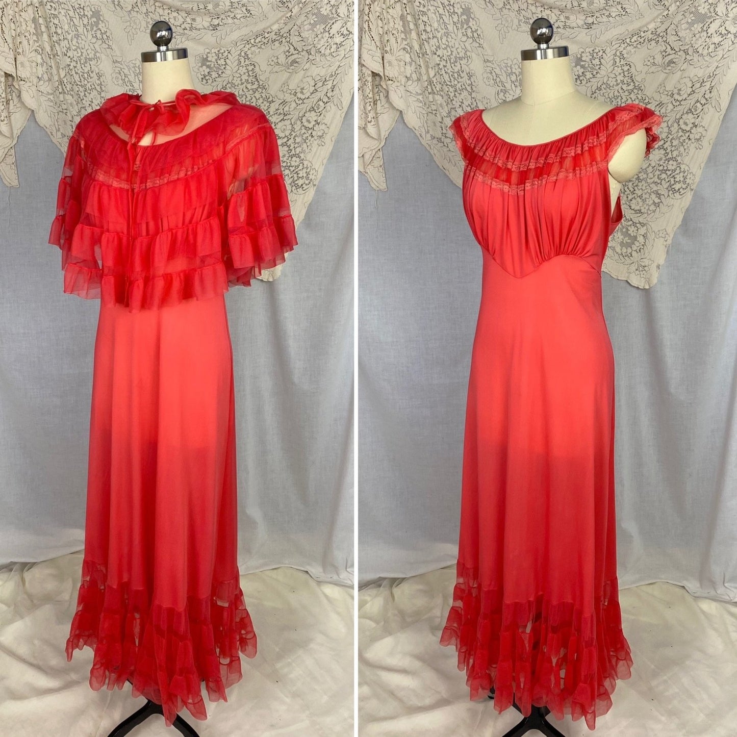 Vintage 1960's Peignoir Set | Scarlet Red Nylon with Tulle Ruffles | Size M, LG | Evette - Daggers & Dames