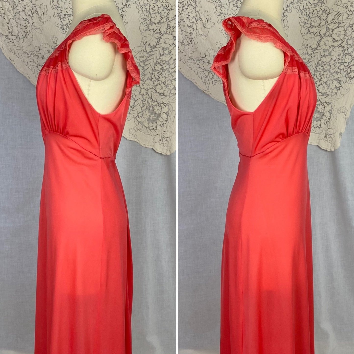 Vintage 1960's Peignoir Set | Scarlet Red Nylon with Tulle Ruffles | Size M, LG | Evette - Daggers & Dames