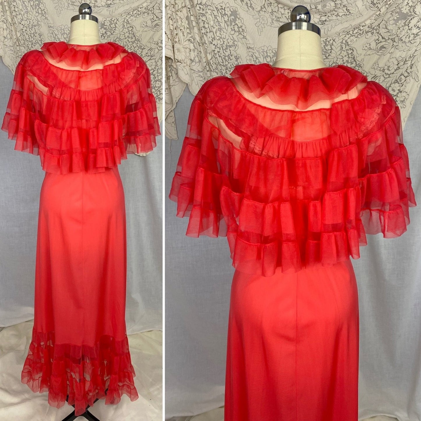 Vintage 1960's Peignoir Set | Scarlet Red Nylon with Tulle Ruffles | Size M, LG | Evette - Daggers & Dames