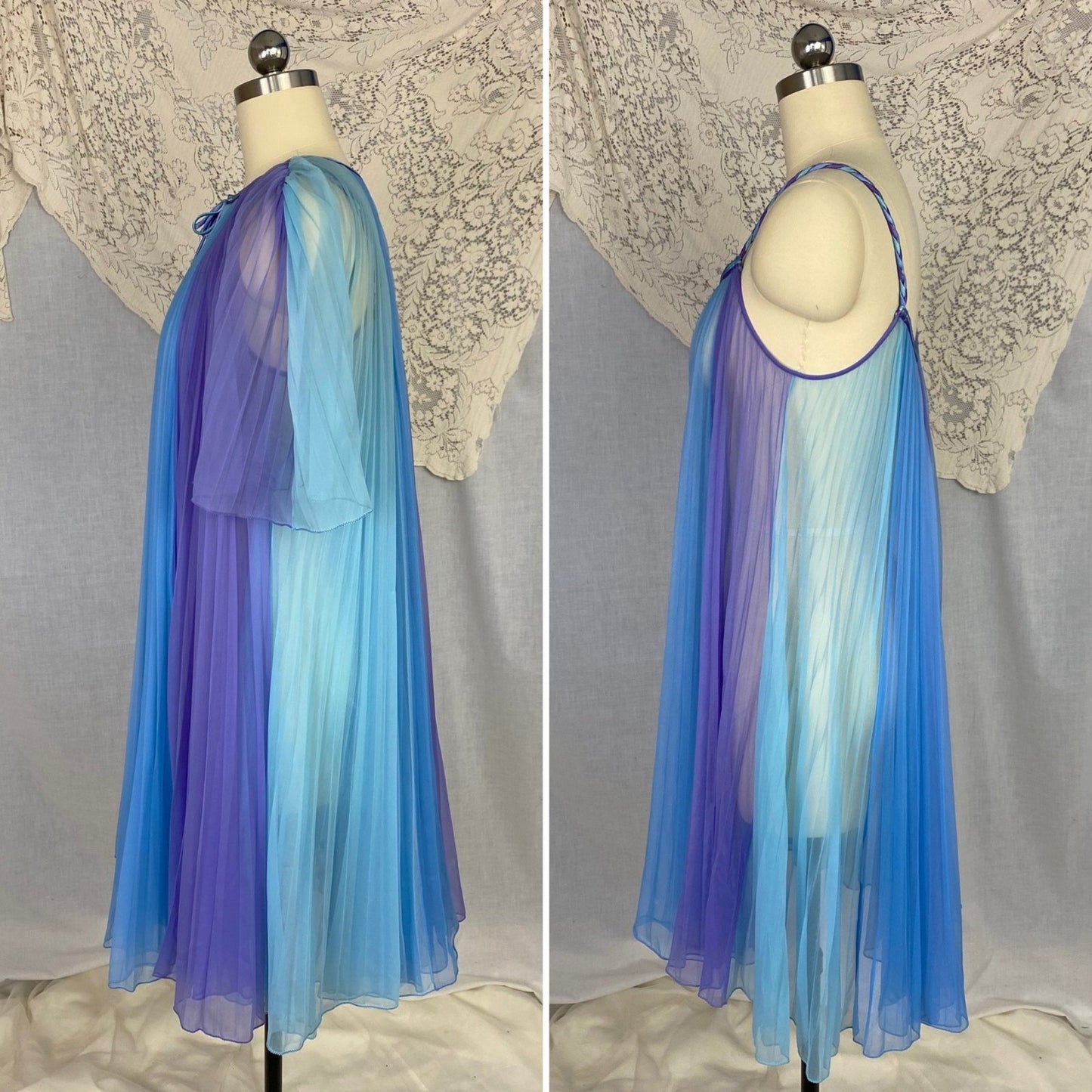 Vintage 1960's Peignoir Set | Sheer Blue & Purple Crystal Pleated Nylon Chiffon with Braided Satin | Size S, M | Chevette - Daggers & Dames