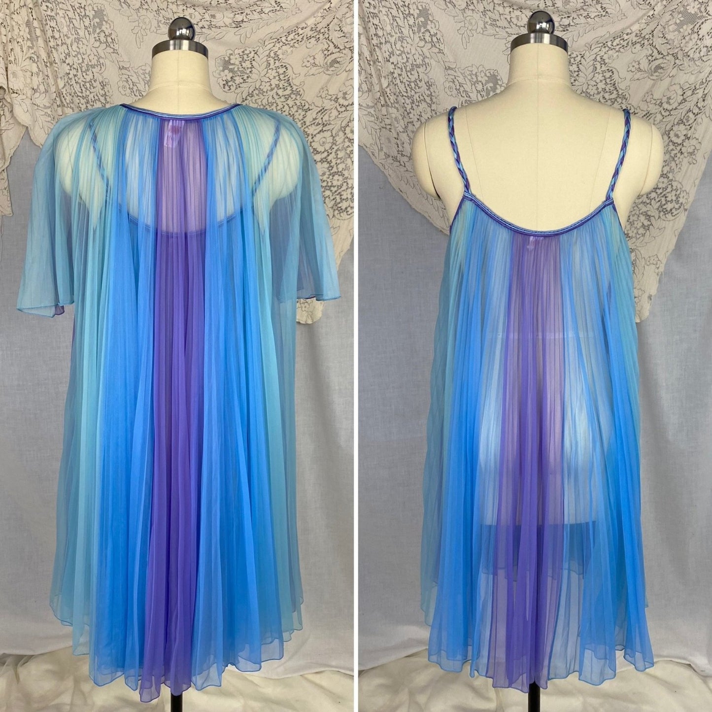 Vintage 1960's Peignoir Set | Sheer Blue & Purple Crystal Pleated Nylon Chiffon with Braided Satin | Size S, M | Chevette - Daggers & Dames