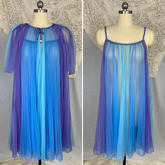 Vintage 1960's Peignoir Set | Sheer Blue & Purple Crystal Pleated Nylon Chiffon with Braided Satin | Size S, M | Chevette - Daggers & Dames