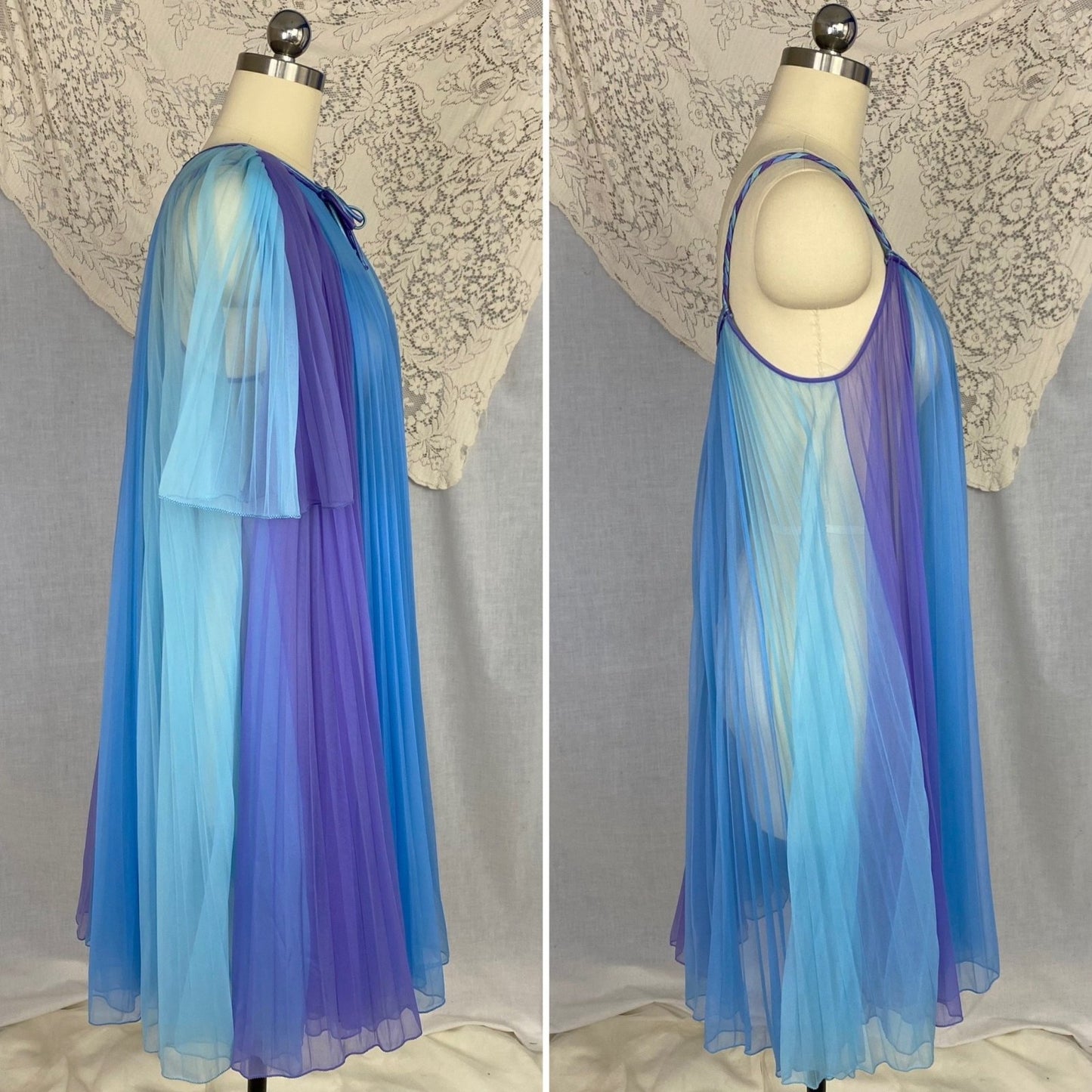 Vintage 1960's Peignoir Set | Sheer Blue & Purple Crystal Pleated Nylon Chiffon with Braided Satin | Size S, M | Chevette - Daggers & Dames