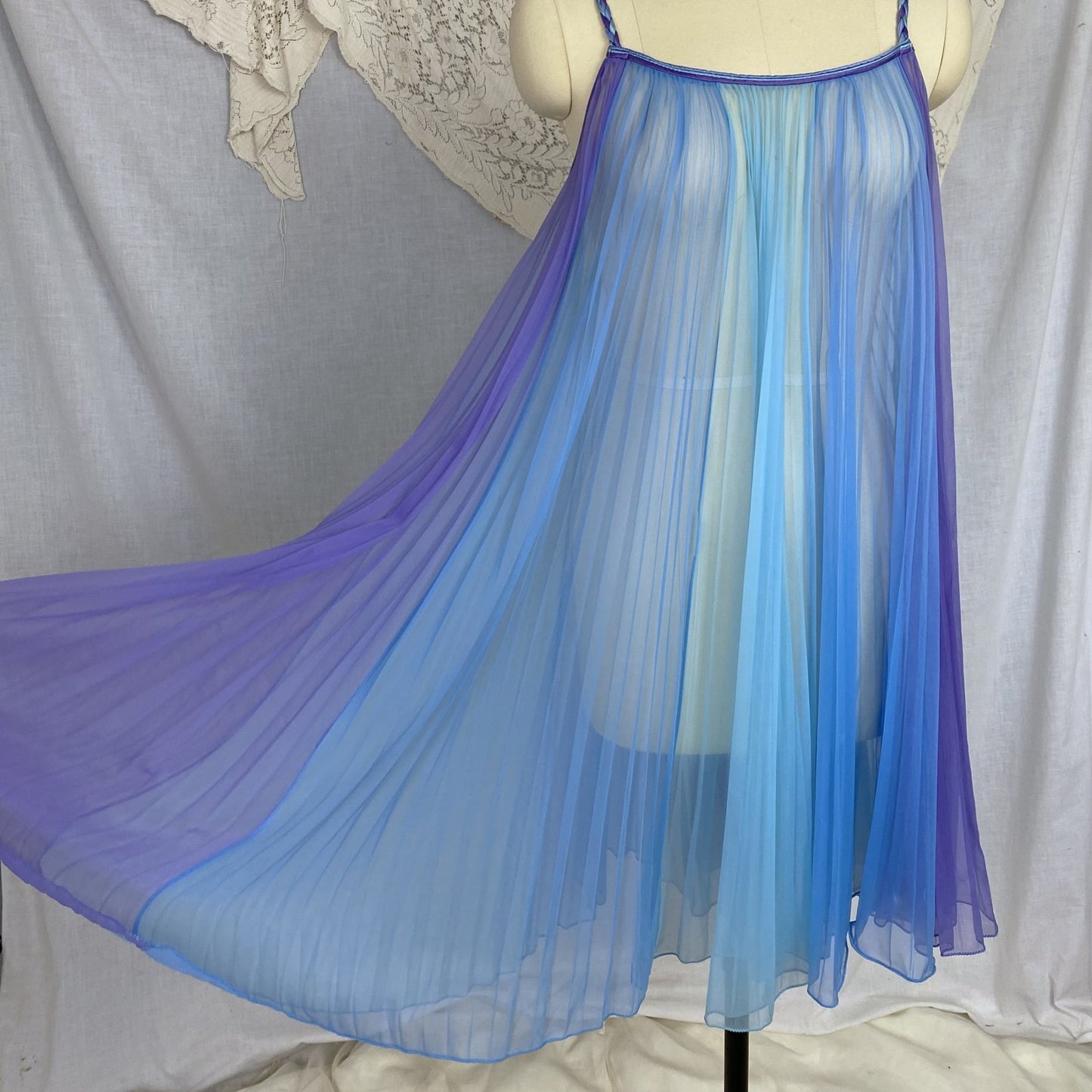 Vintage 1960's Peignoir Set | Sheer Blue & Purple Crystal Pleated Nylon Chiffon with Braided Satin | Size S, M | Chevette - Daggers & Dames