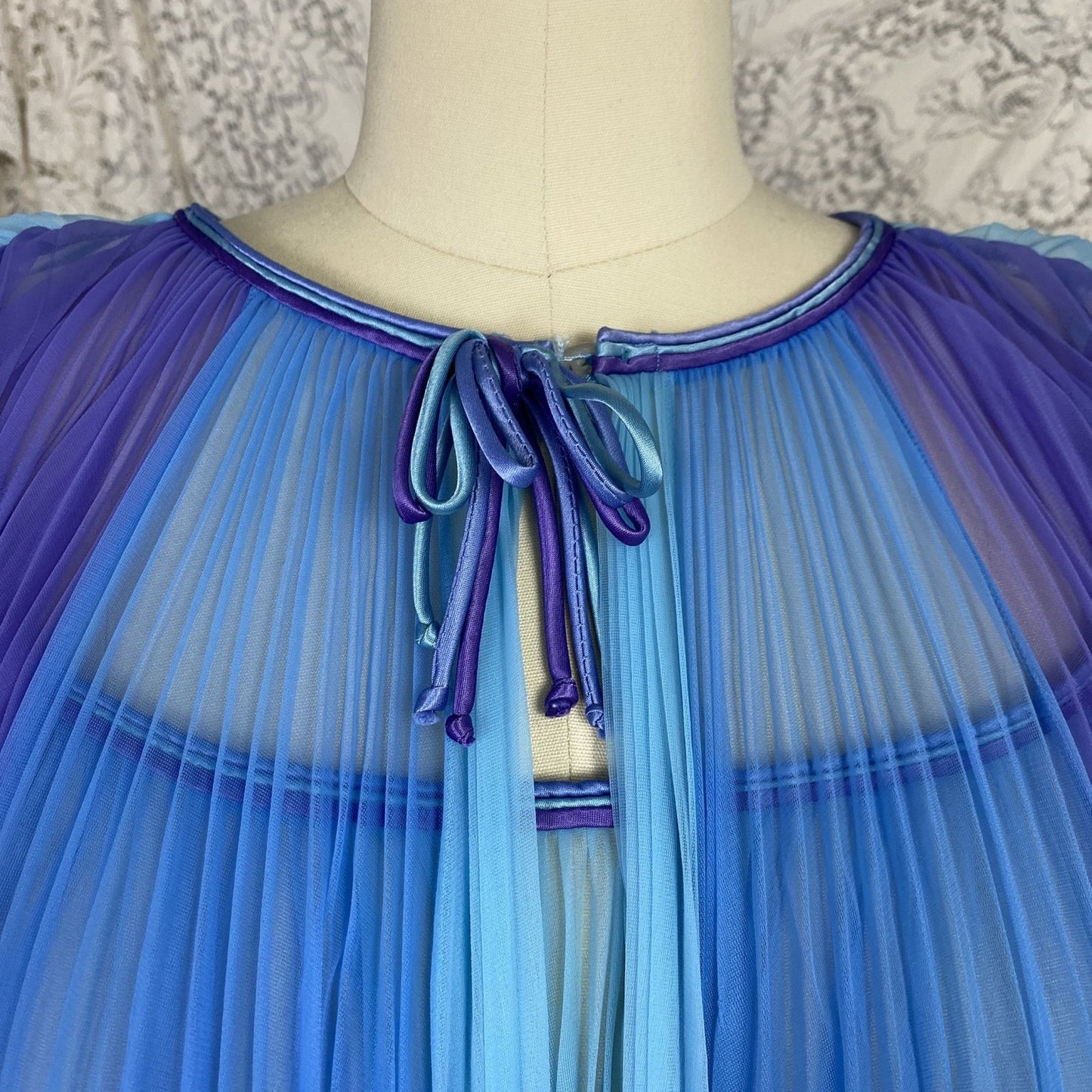 Vintage 1960's Peignoir Set | Sheer Blue & Purple Crystal Pleated Nylon Chiffon with Braided Satin | Size S, M | Chevette - Daggers & Dames