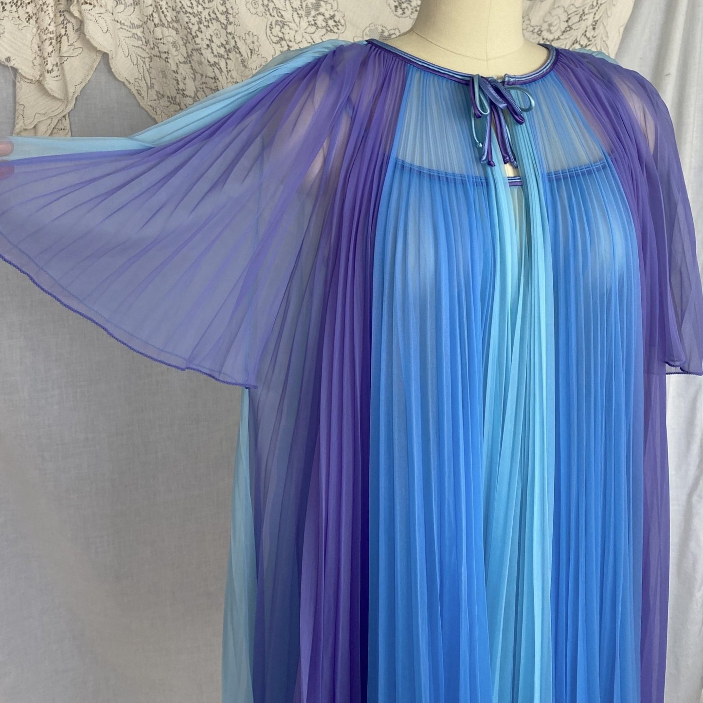 Vintage 1960's Peignoir Set | Sheer Blue & Purple Crystal Pleated Nylon Chiffon with Braided Satin | Size S, M | Chevette - Daggers & Dames