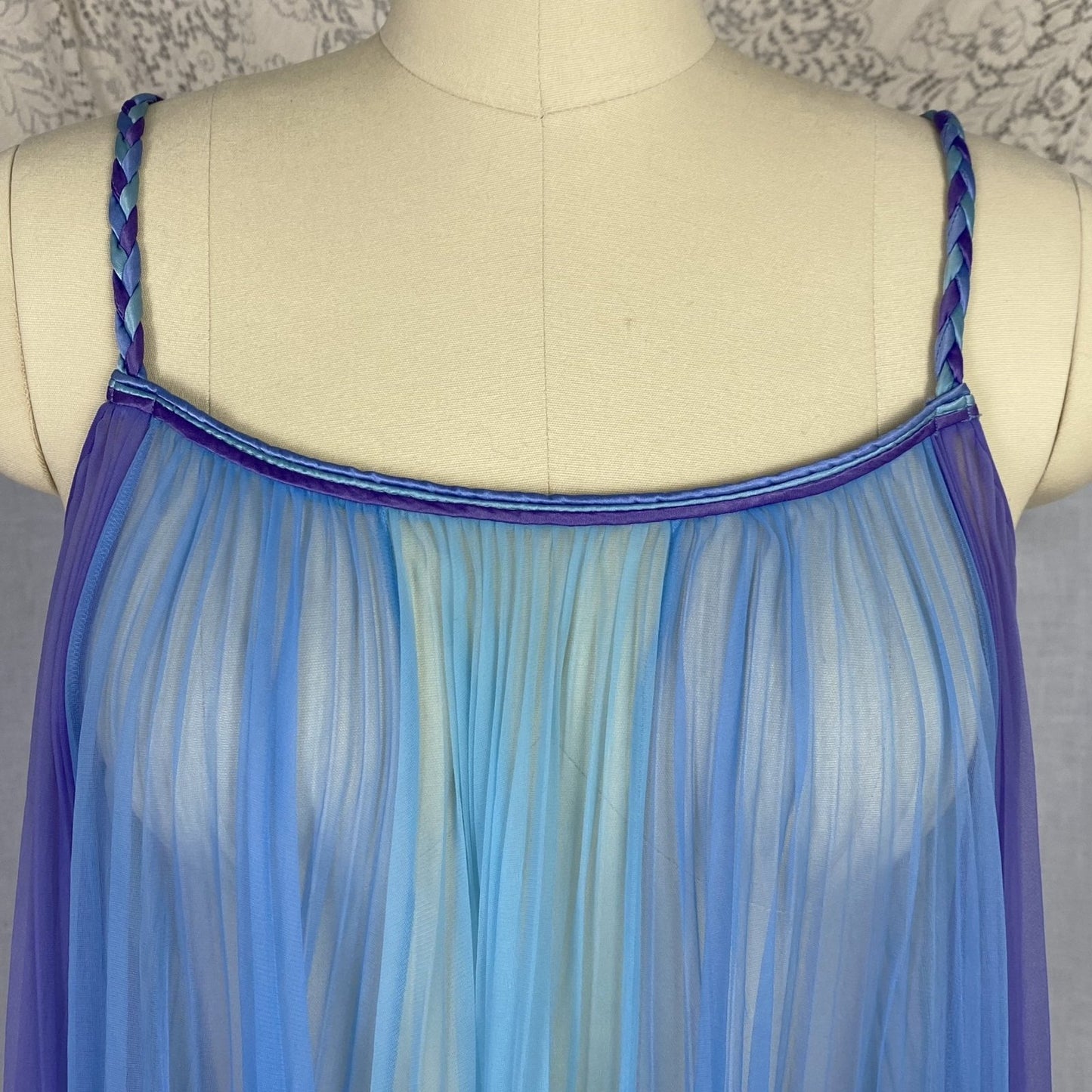 Vintage 1960's Peignoir Set | Sheer Blue & Purple Crystal Pleated Nylon Chiffon with Braided Satin | Size S, M | Chevette - Daggers & Dames