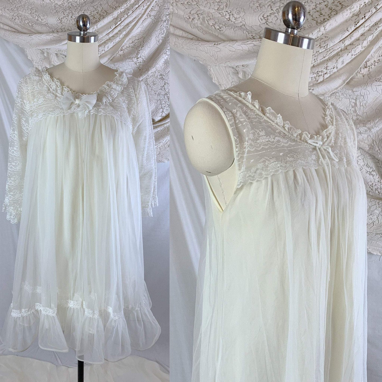 Vintage 1960's Peignoir Set | Sheer Creamy White Nylon Chiffon with Lace | Miss Elaine | Size M - Daggers & Dames