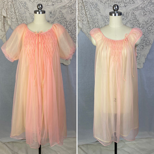 Vintage 1960's Peignoir Set | Tangerine & Yellow Nylon Chiffon with Honeycomb Smocking | Size M, LG | Miss Elaine - Daggers & Dames