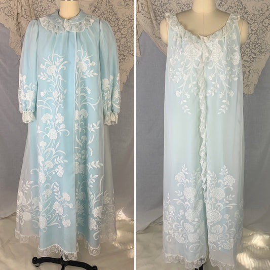 Vintage 1960's Peignoir Set | Turquoise Blue Nylon & White Floral Print Chiffon with Lace Ruffles | Size L | Odette Barsa - Daggers & Dames