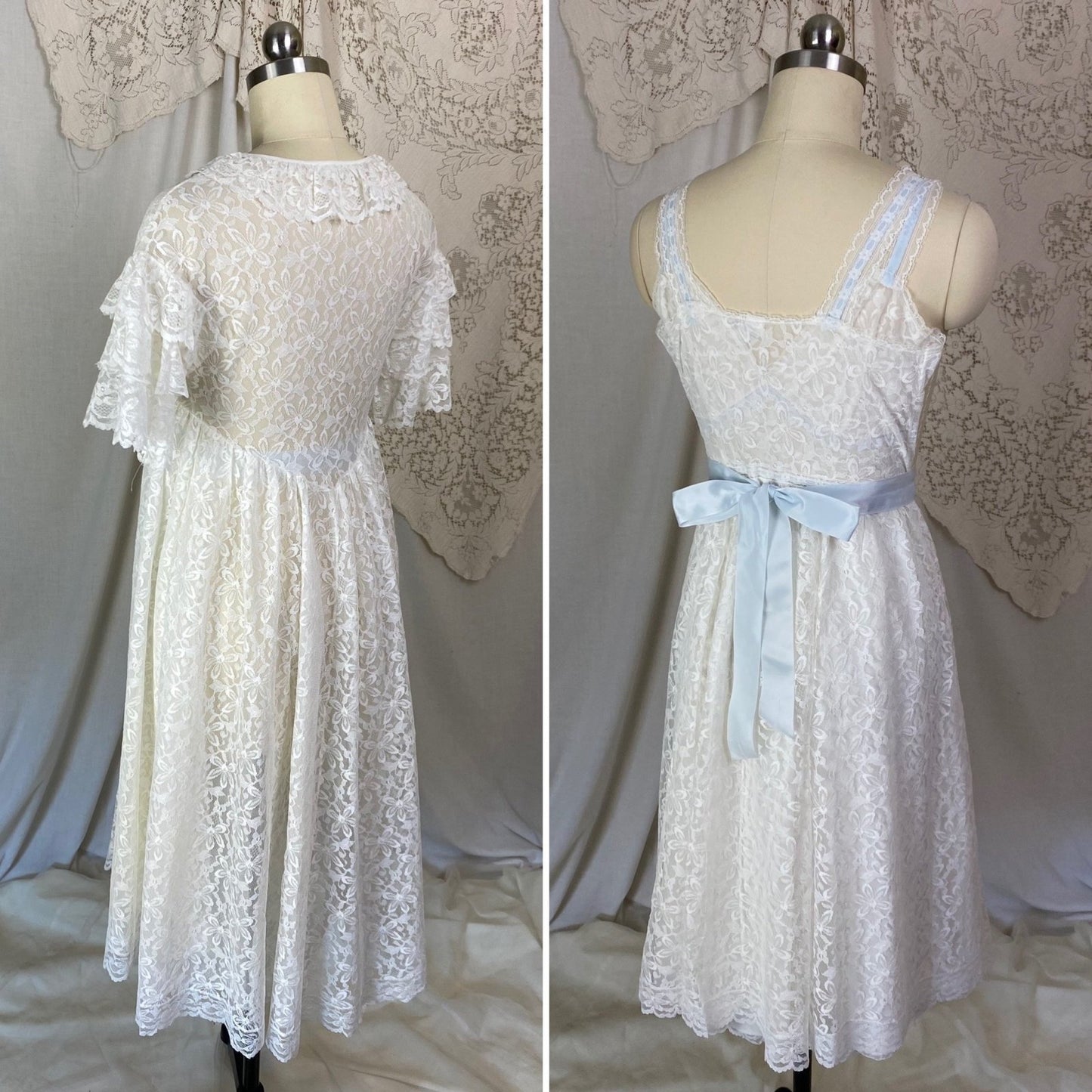 Vintage 1960's Peignoir Set | White Floral Lace with Ruffles & Pale Blue Satin | Size XS | Aristocraft - Daggers & Dames