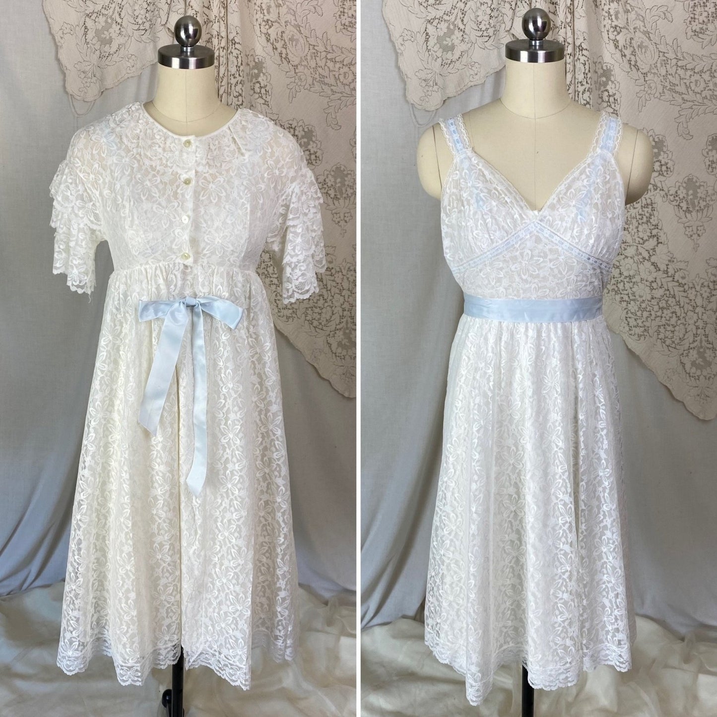Vintage 1960's Peignoir Set | White Floral Lace with Ruffles & Pale Blue Satin | Size XS | Aristocraft - Daggers & Dames