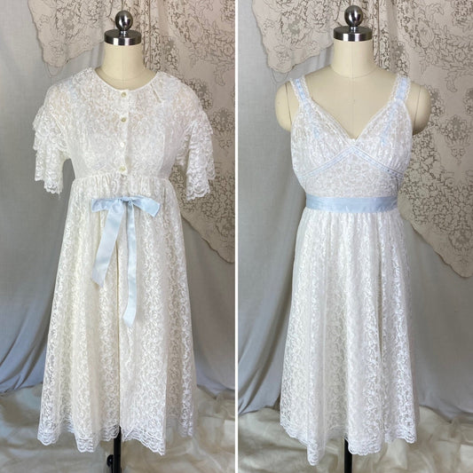 Vintage 1960's Peignoir Set | White Floral Lace with Ruffles & Pale Blue Satin | Size XS | Aristocraft - Daggers & Dames