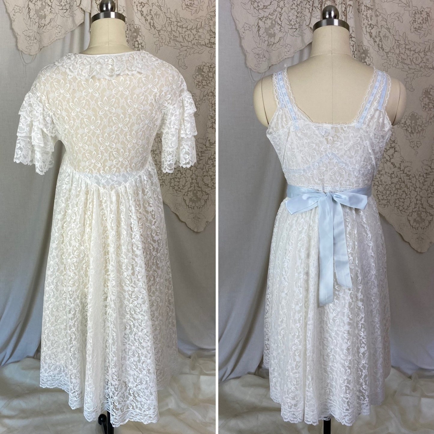 Vintage 1960's Peignoir Set | White Floral Lace with Ruffles & Pale Blue Satin | Size XS | Aristocraft - Daggers & Dames