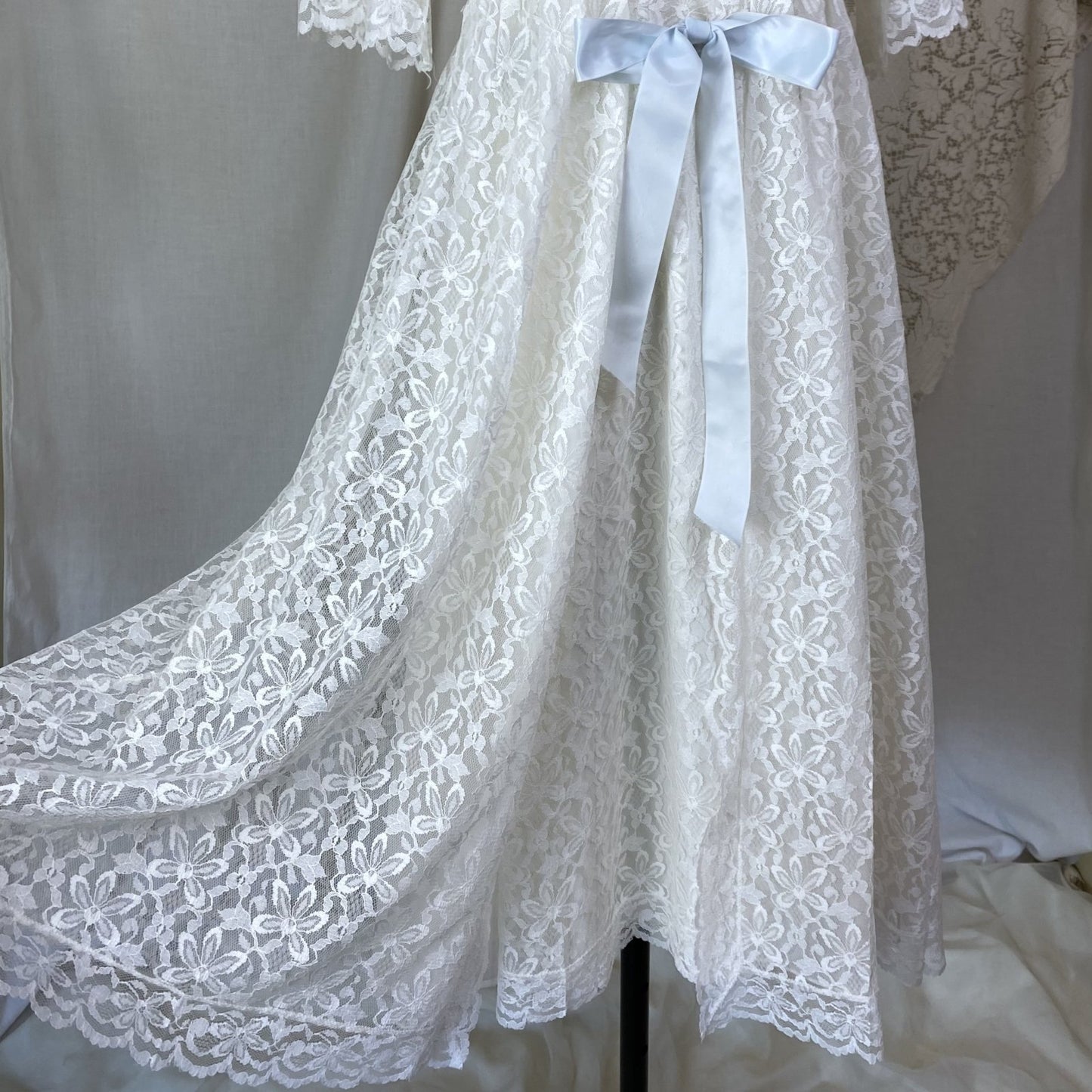 Vintage 1960's Peignoir Set | White Floral Lace with Ruffles & Pale Blue Satin | Size XS | Aristocraft - Daggers & Dames