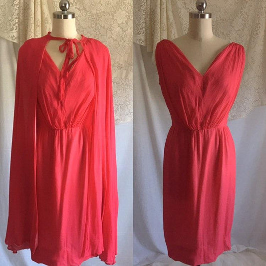 Vintage 1960's Pencil Dress with Cape Set | Scarlet Red & Light Pink Silk Chiffon | Bloomfield's | Size XS - Daggers & Dames