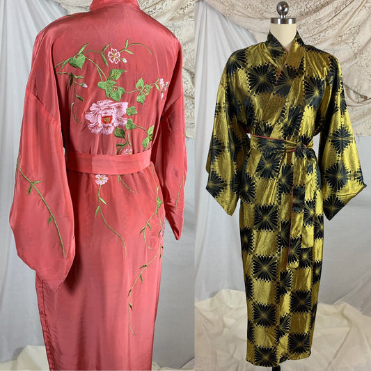 Vintage 1960's Reversible Japanese Kimono Robe | Free Size | Coral Pink with Floral Embroidery & Gold and Black Embroidered Inner Layer - Daggers & Dames