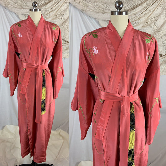 Vintage 1960's Reversible Japanese Kimono Robe | Free Size | Coral Pink with Floral Embroidery & Gold and Black Embroidered Inner Layer - Daggers & Dames