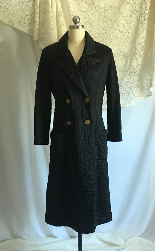 Vintage 1960's Robe | Black Quilted Nylon with Leopard Print Lining & Gold Buttons | Pinup Housecoat | Vanity Fair | Size S, M - Daggers & Dames