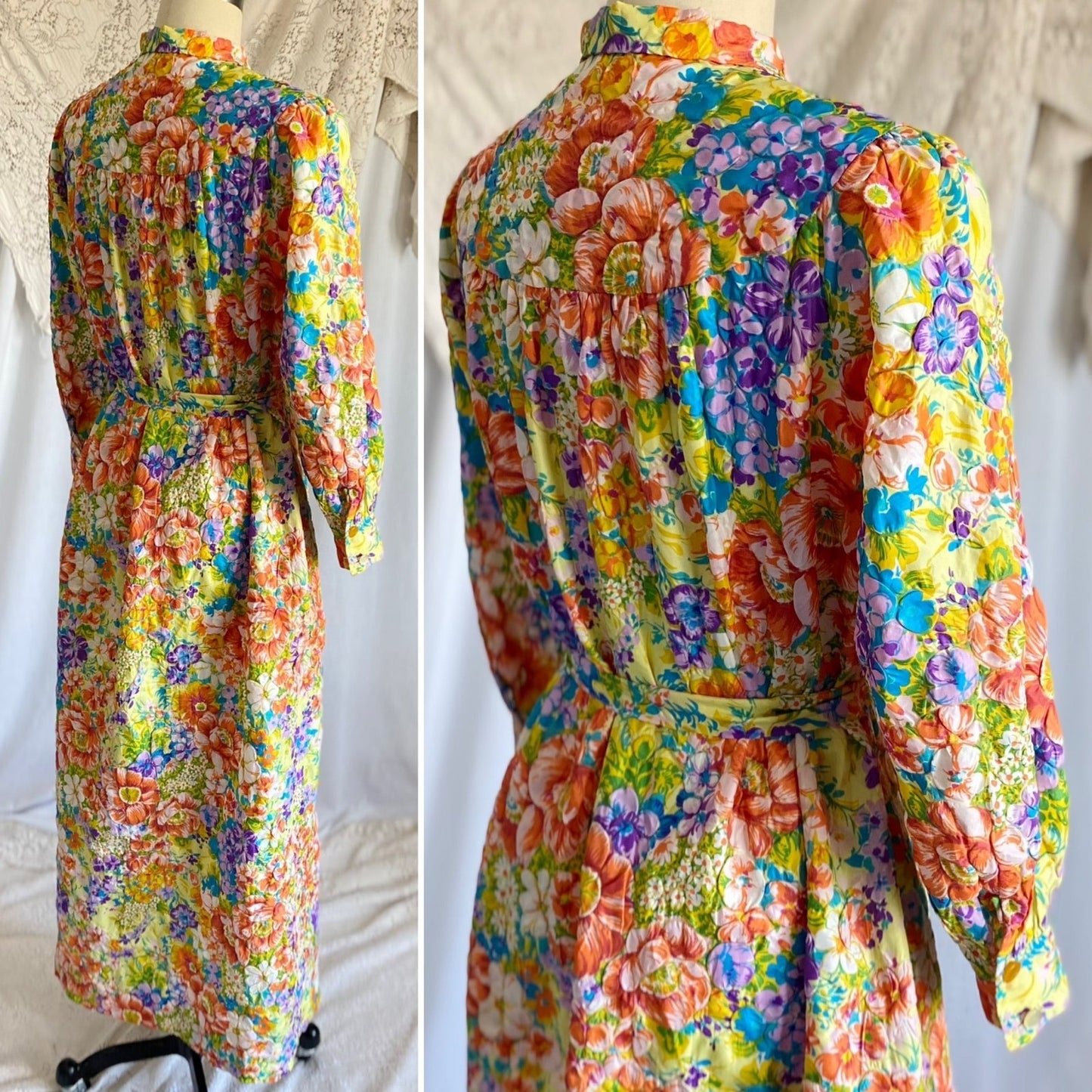 Vintage 1960s Robe | Bold Floral Print Quilted Nylon Taffeta with Puff Sleeves | Size Med - Daggers & Dames