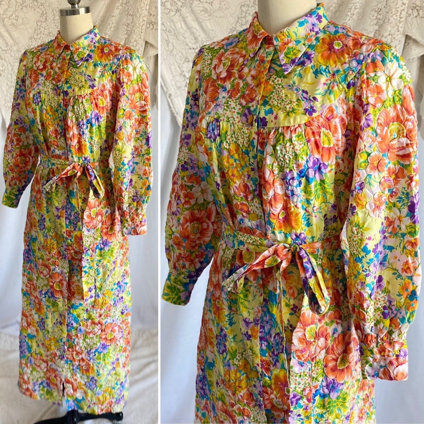 Vintage 1960s Robe | Bold Floral Print Quilted Nylon Taffeta with Puff Sleeves | Size Med - Daggers & Dames