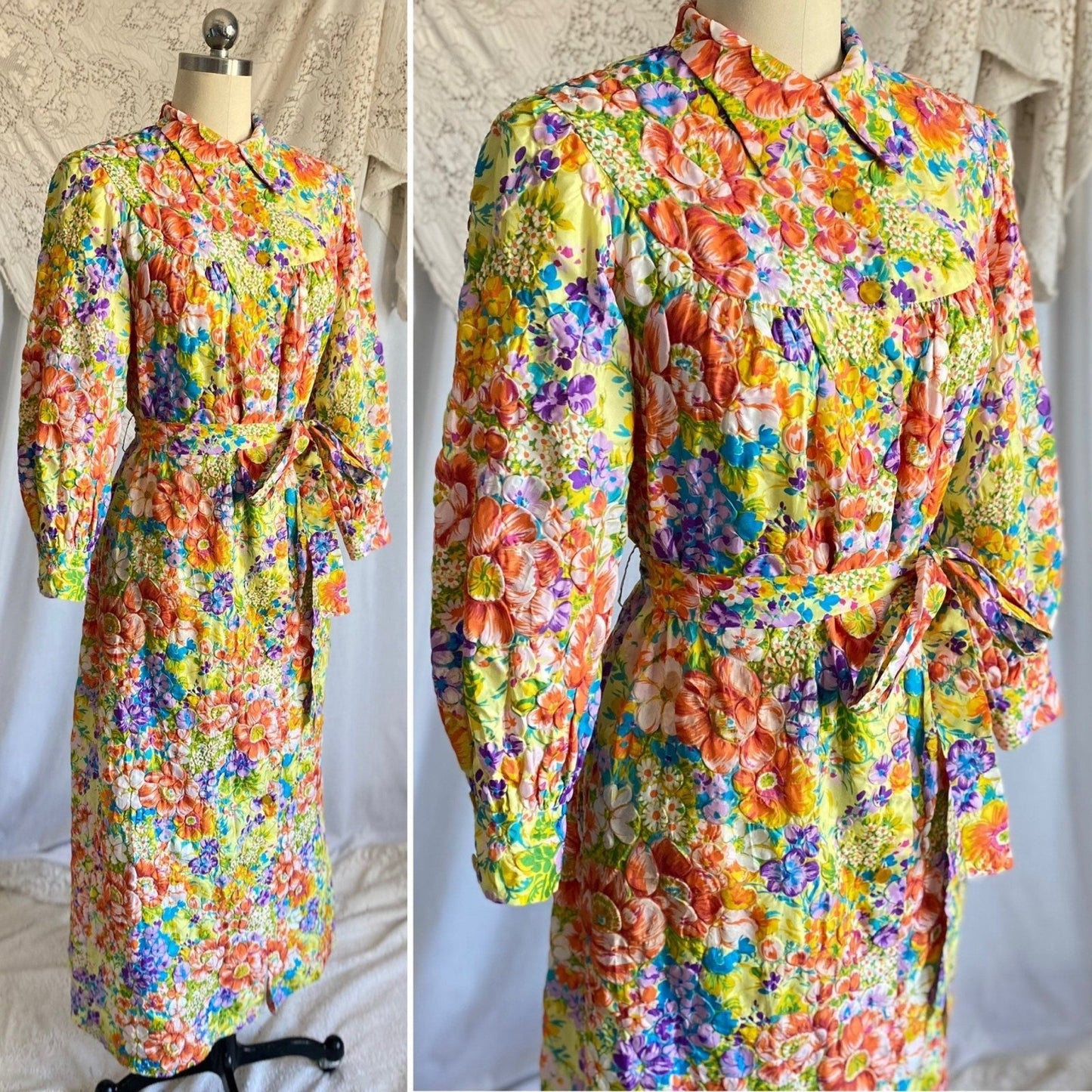 Vintage 1960s Robe | Bold Floral Print Quilted Nylon Taffeta with Puff Sleeves | Size Med - Daggers & Dames