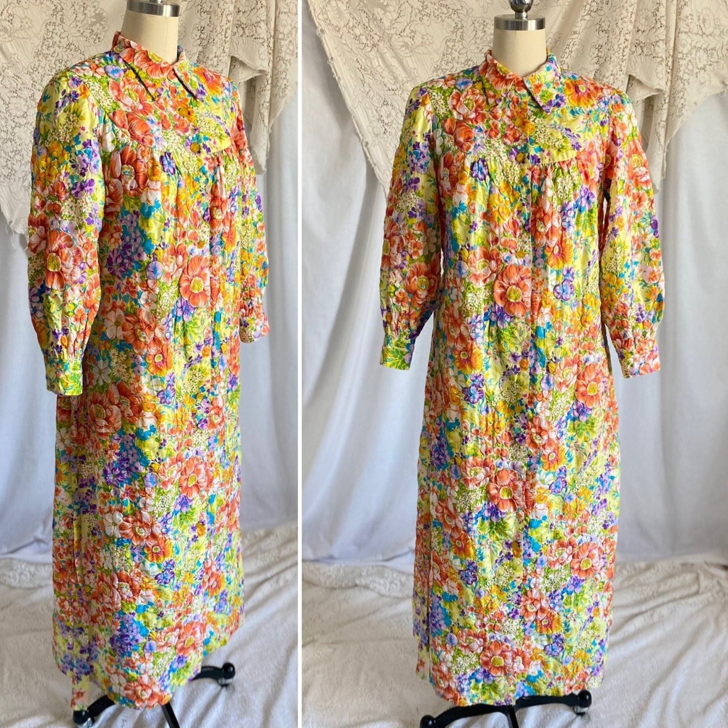 Vintage 1960s Robe | Bold Floral Print Quilted Nylon Taffeta with Puff Sleeves | Size Med - Daggers & Dames