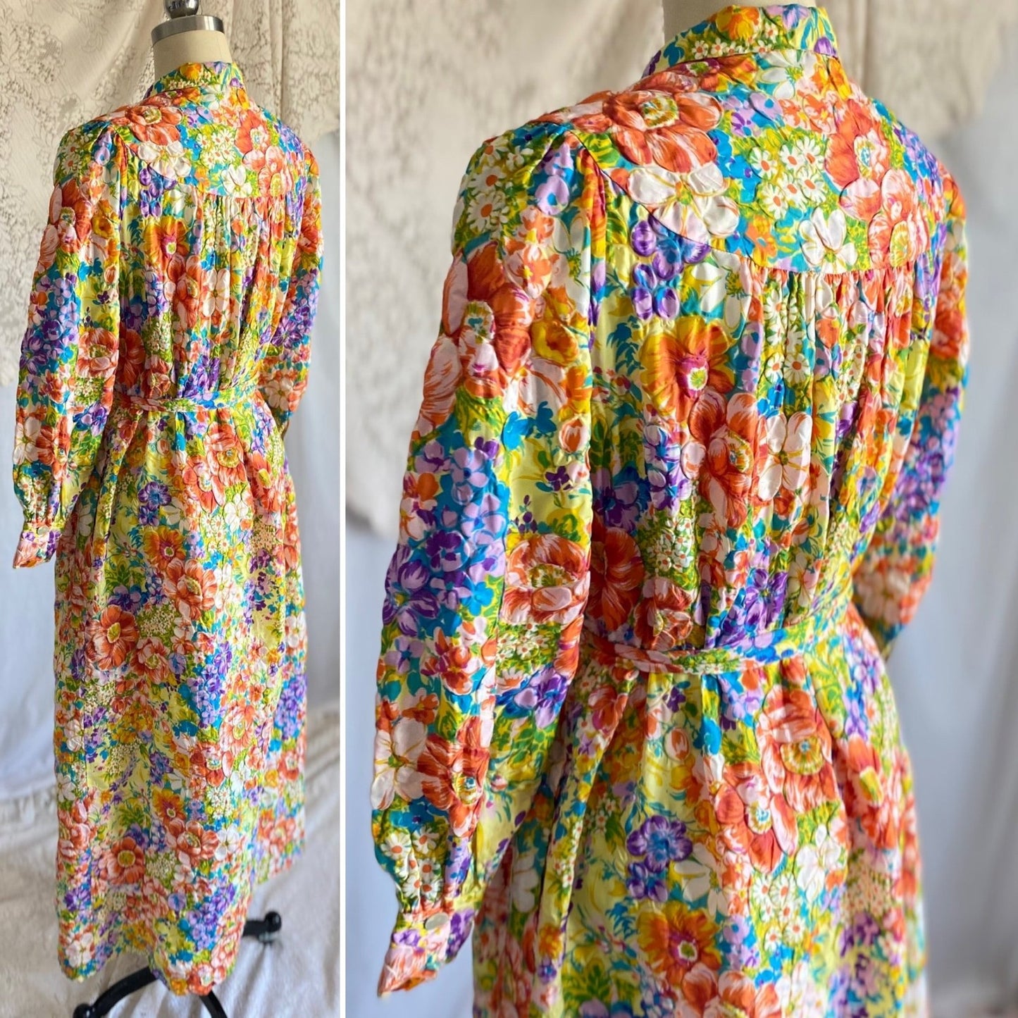 Vintage 1960s Robe | Bold Floral Print Quilted Nylon Taffeta with Puff Sleeves | Size Med - Daggers & Dames