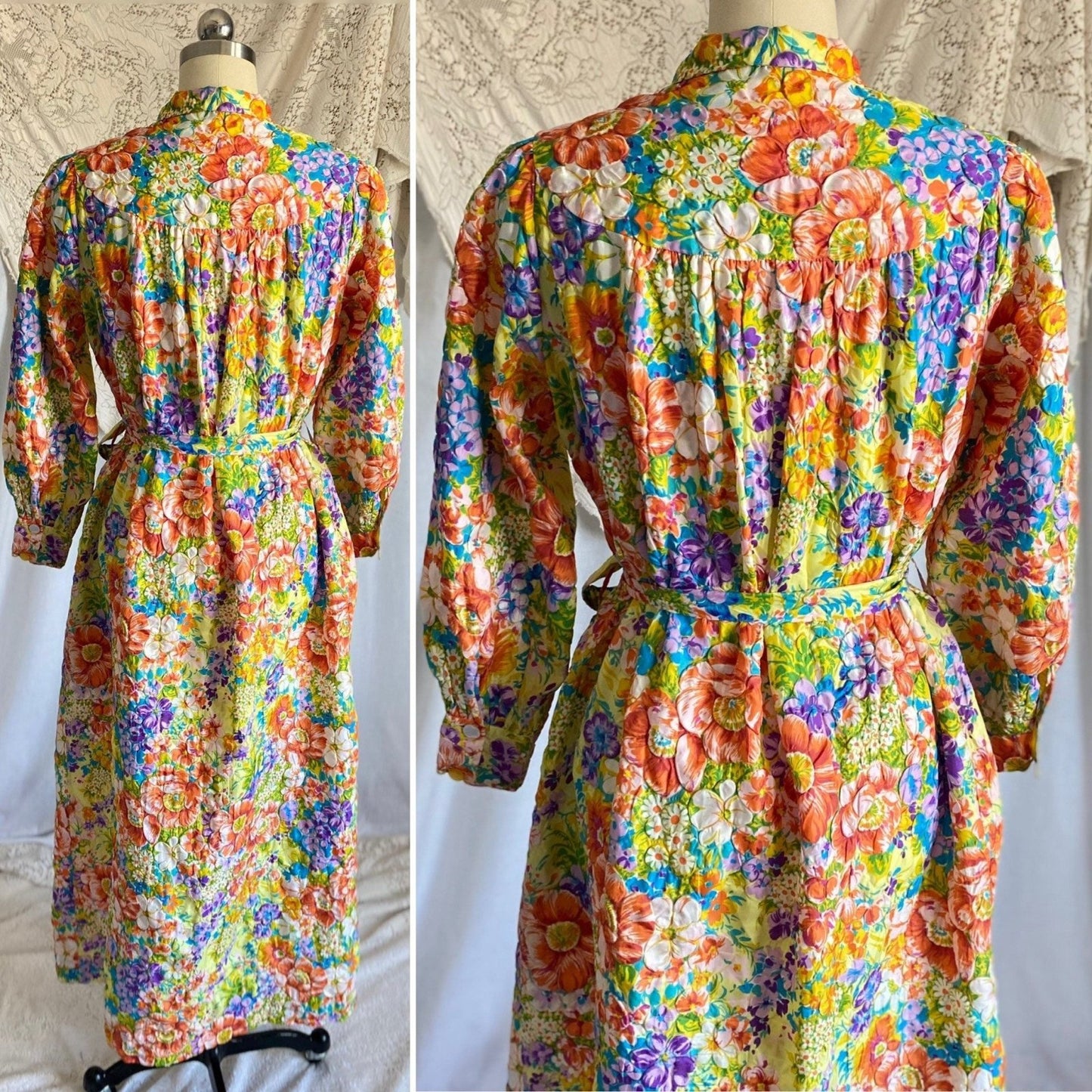 Vintage 1960s Robe | Bold Floral Print Quilted Nylon Taffeta with Puff Sleeves | Size Med - Daggers & Dames