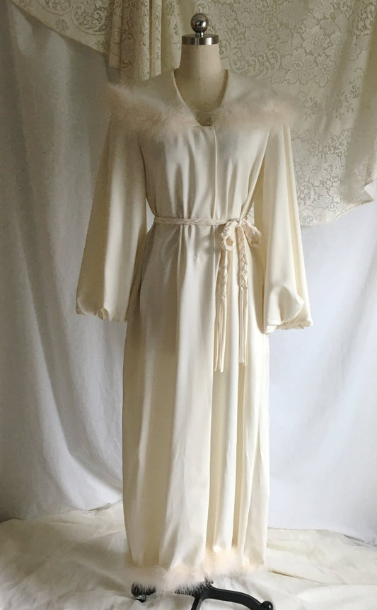 Vintage 1960's Robe | Ivory Nylon with Marabou Feather Trim & Bell Sleeves | Matej for Odette Barsa | Size M, LG - Daggers & Dames
