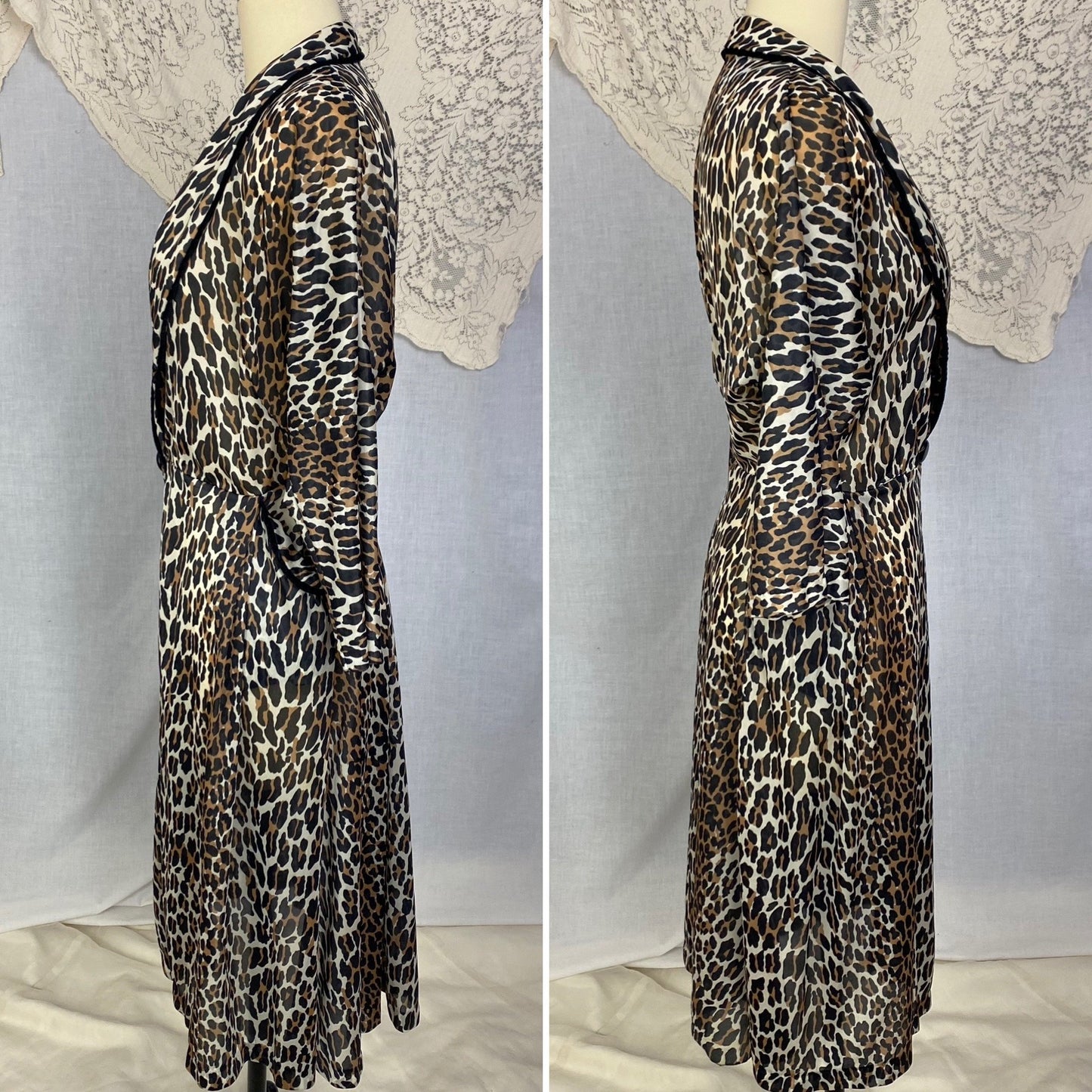 Vintage 1960's Robe | Leopard Print Nylon with Black Velvet Edging | Size LG | Vanity Fair - Daggers & Dames