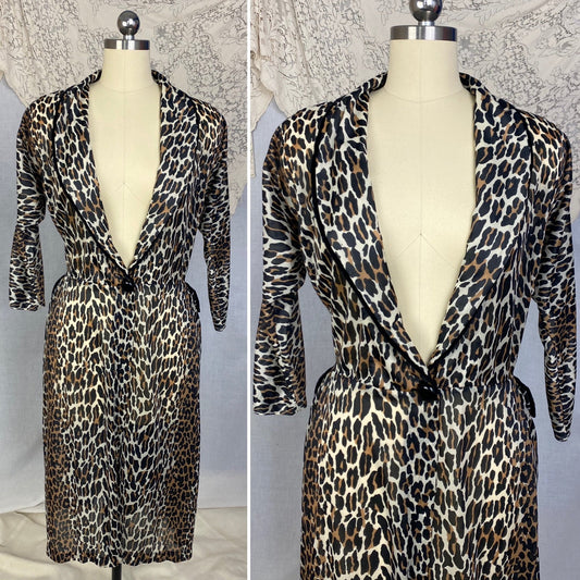 Vintage 1960's Robe | Leopard Print Nylon with Black Velvet Edging | Size LG | Vanity Fair - Daggers & Dames