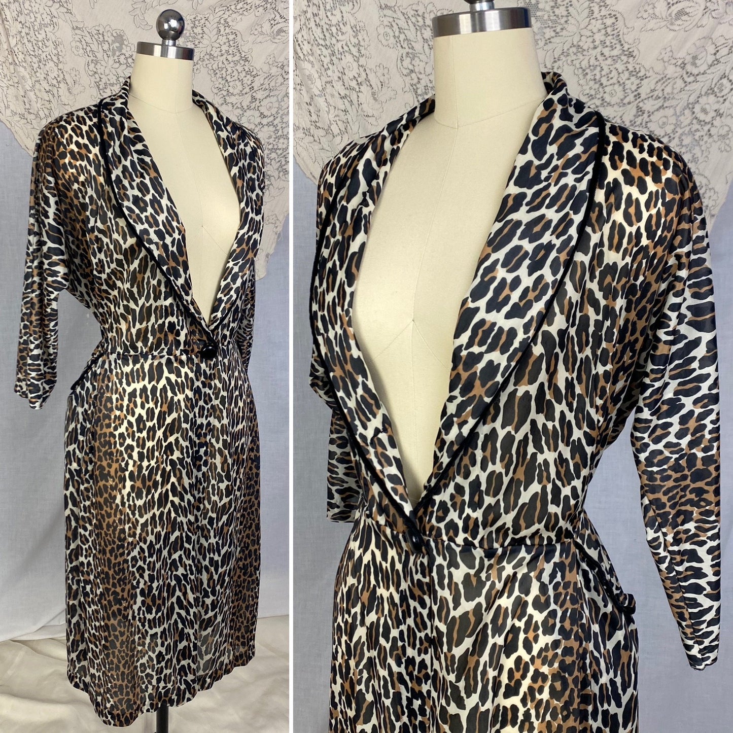Vintage 1960's Robe | Leopard Print Nylon with Black Velvet Edging | Size LG | Vanity Fair - Daggers & Dames