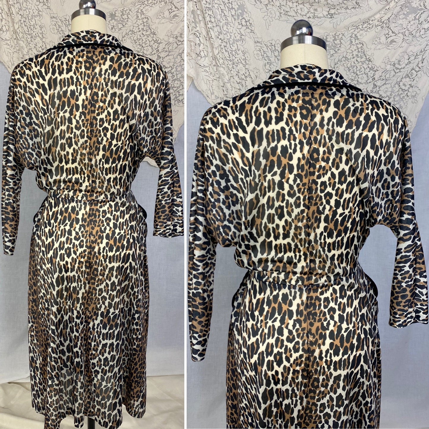 Vintage 1960's Robe | Leopard Print Nylon with Black Velvet Edging | Size LG | Vanity Fair - Daggers & Dames